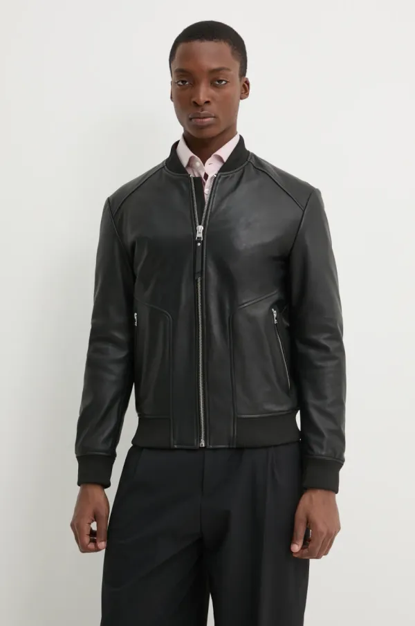 HUGO Usnjena bomber jakna HUGO moška, črna barva, 50481934