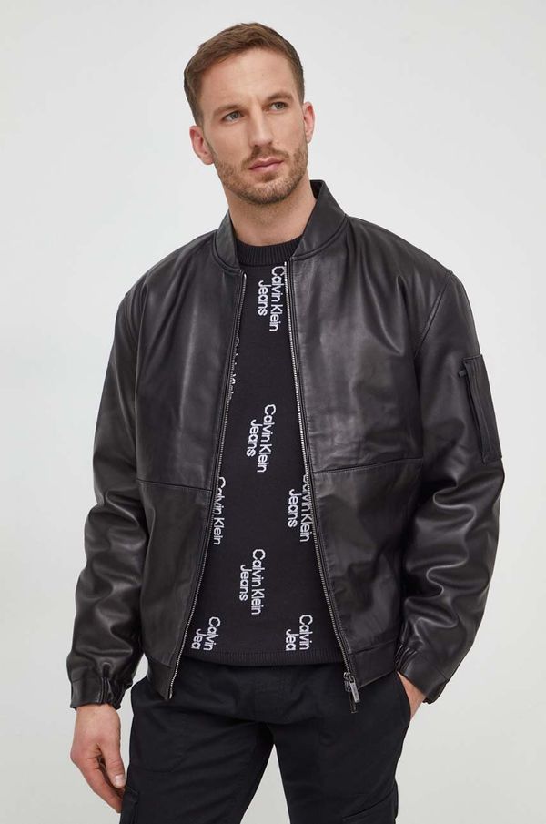 Calvin Klein Usnjena jakna Calvin Klein moška, črna barva