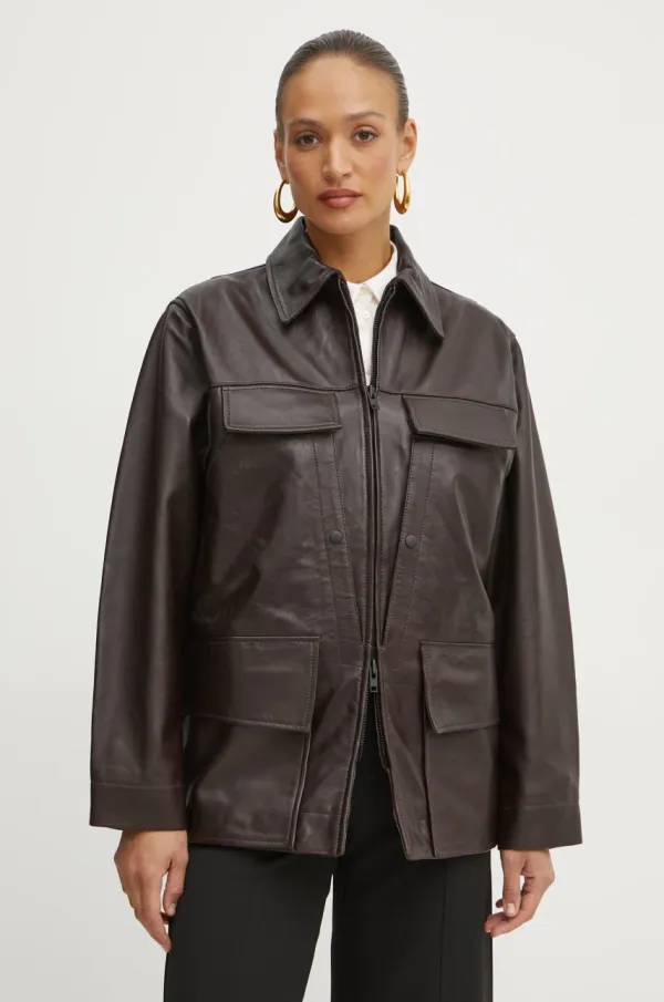 Victoria Beckham Usnjena jakna Victoria Beckham ženska, rjava barva, 1125LJK006091A