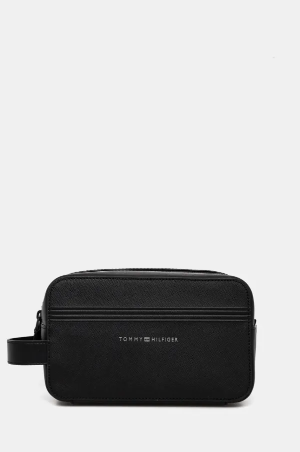 Tommy Hilfiger Usnjena kozmetična torbica Tommy Hilfiger črna barva, AM0AM13264