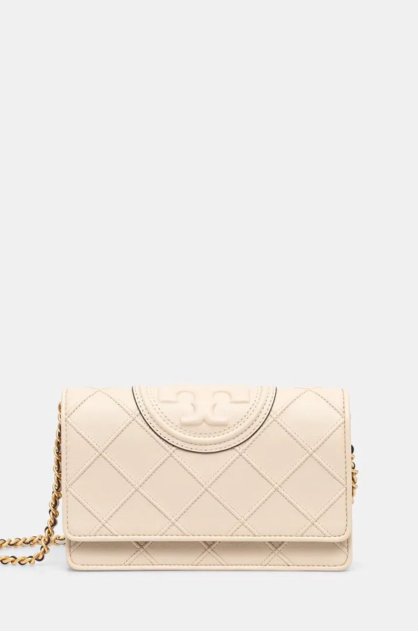 Tory Burch Usnjena torbica Tory Burch Fleming bež barva, 138853