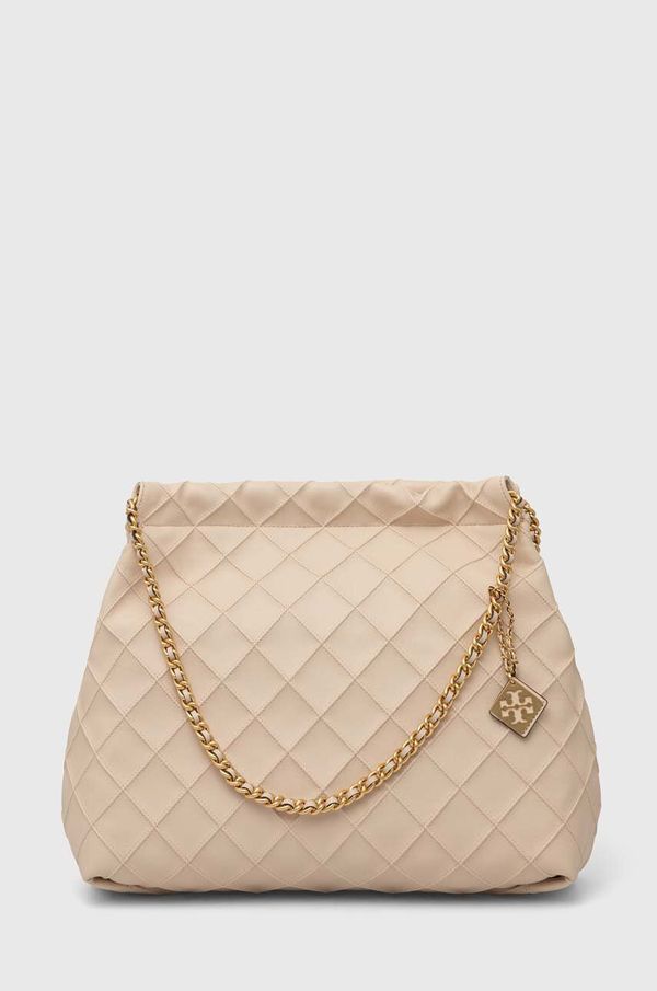 Tory Burch Usnjena torbica Tory Burch Fleming Soft Drawstring bež barva, 154572.122