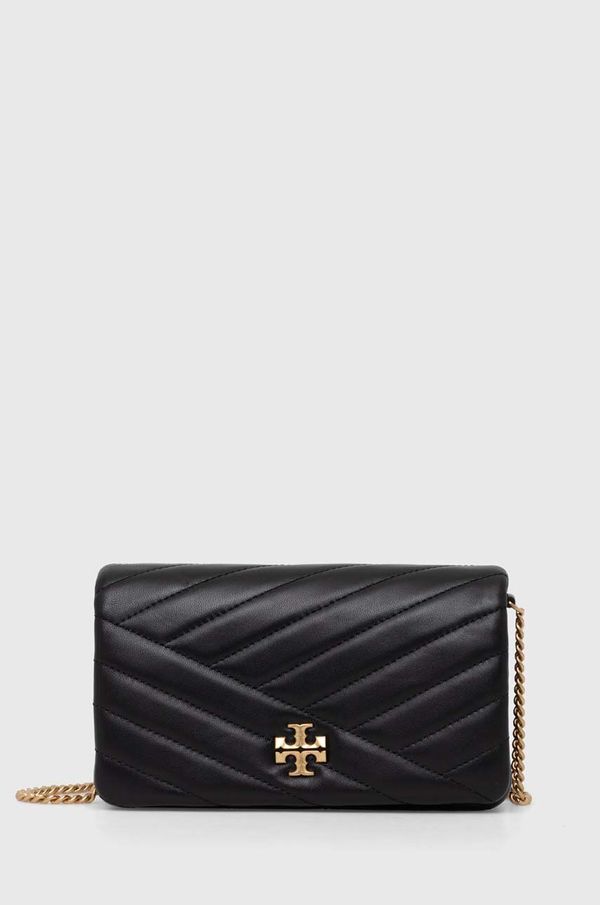 Tory Burch Usnjena torbica Tory Burch Kira Chevron črna barva, 156553.001