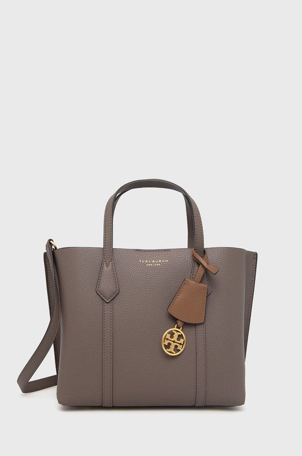 Tory Burch Usnjena torbica Tory Burch siva barva