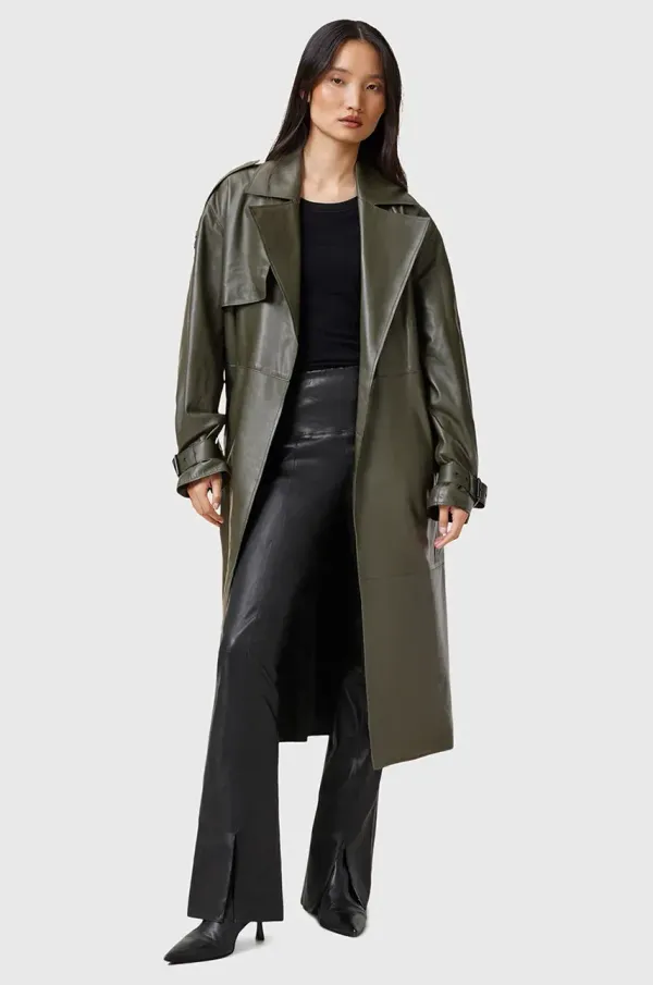 AllSaints Usnjene hlače AllSaints CORA ženske, črna barva, W030TC