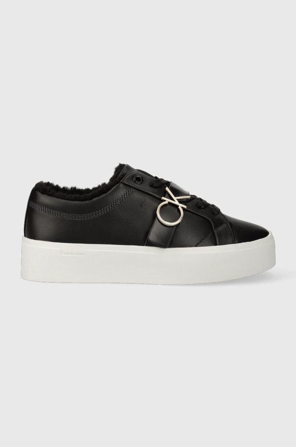 Calvin Klein Usnjene superge Calvin Klein FLATFORM CUPSOLE LACE UP W/HW WL črna barva, HW0HW01671