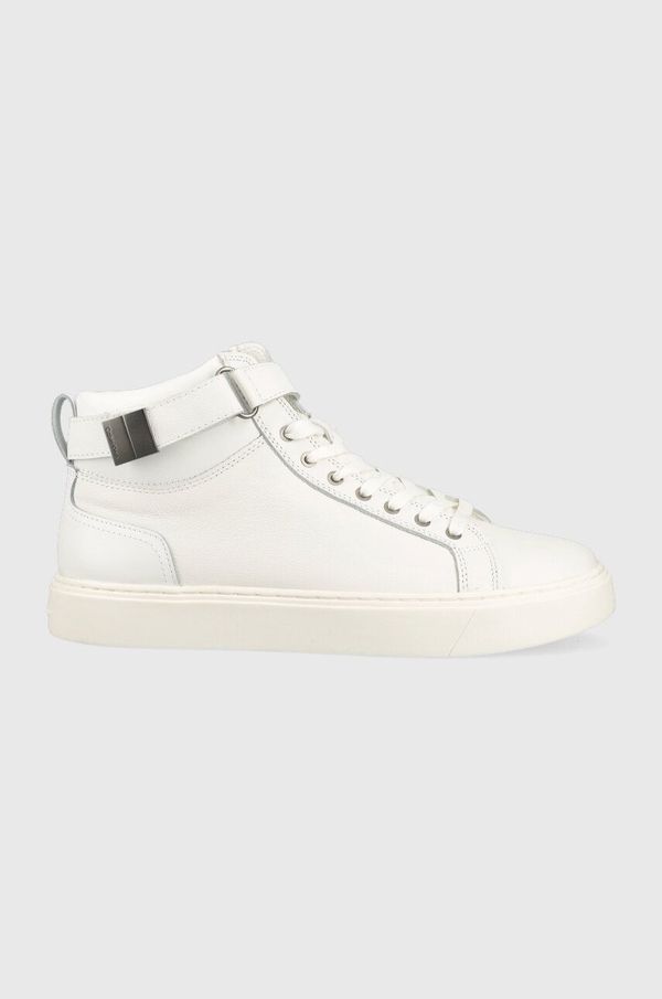 Calvin Klein Usnjene superge Calvin Klein HIGH TOP LACE UP W/PLAQUE bela barva, HM0HM00973