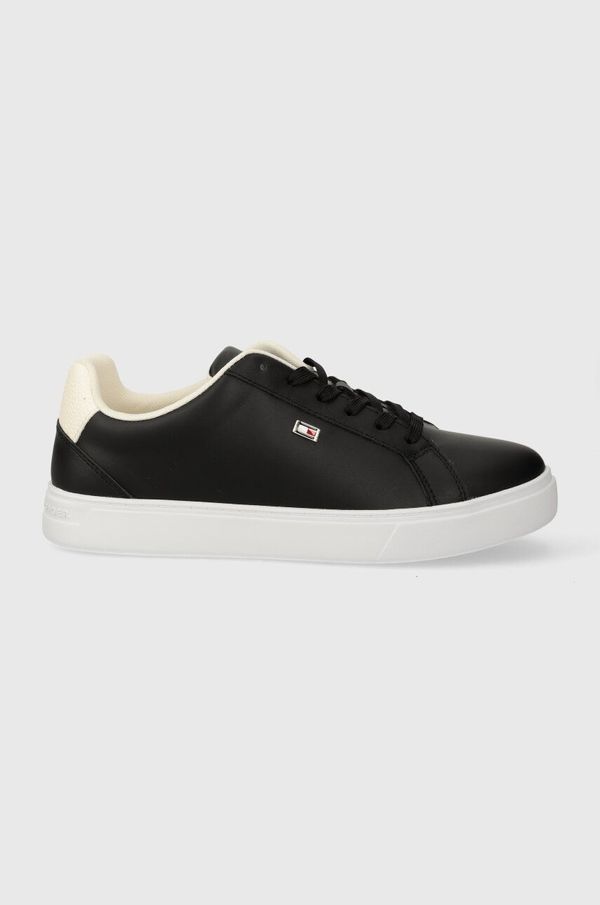 Tommy Hilfiger Usnjene superge Tommy Hilfiger FLAG COURT SNEAKER črna barva, FW0FW08072