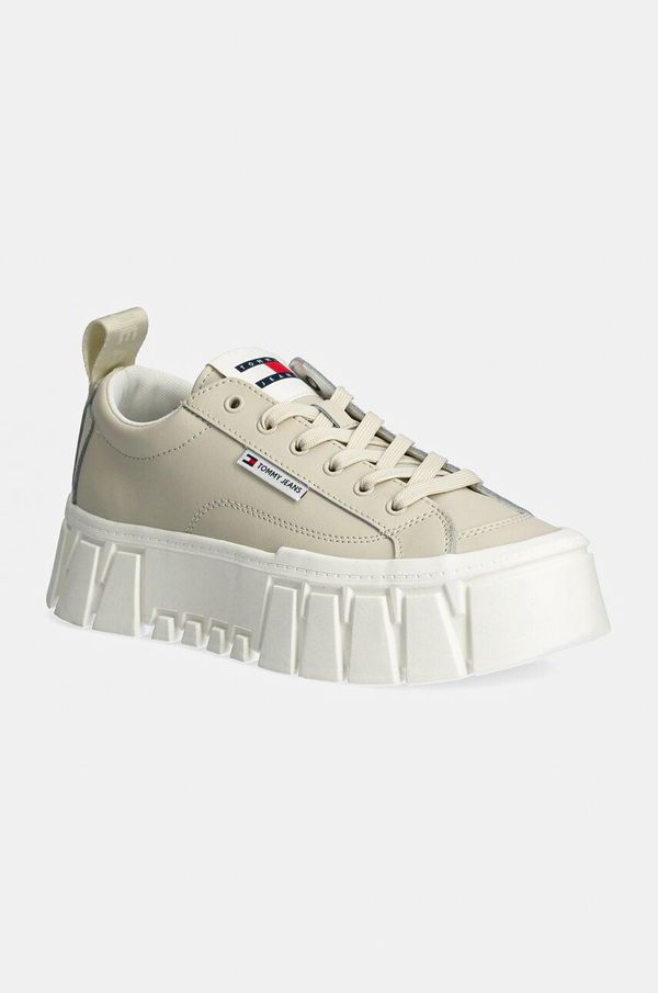 Tommy Jeans Usnjene superge Tommy Jeans TJW VULC FLATFORM LC LEATHER bež barva, EN0EN02610