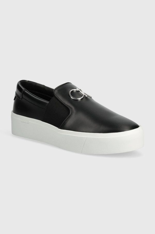 Calvin Klein Usnjene teniske Calvin Klein FLATFORM CUP SLIP ON RE LOCK LTH ženske, črna barva, HW0HW02057