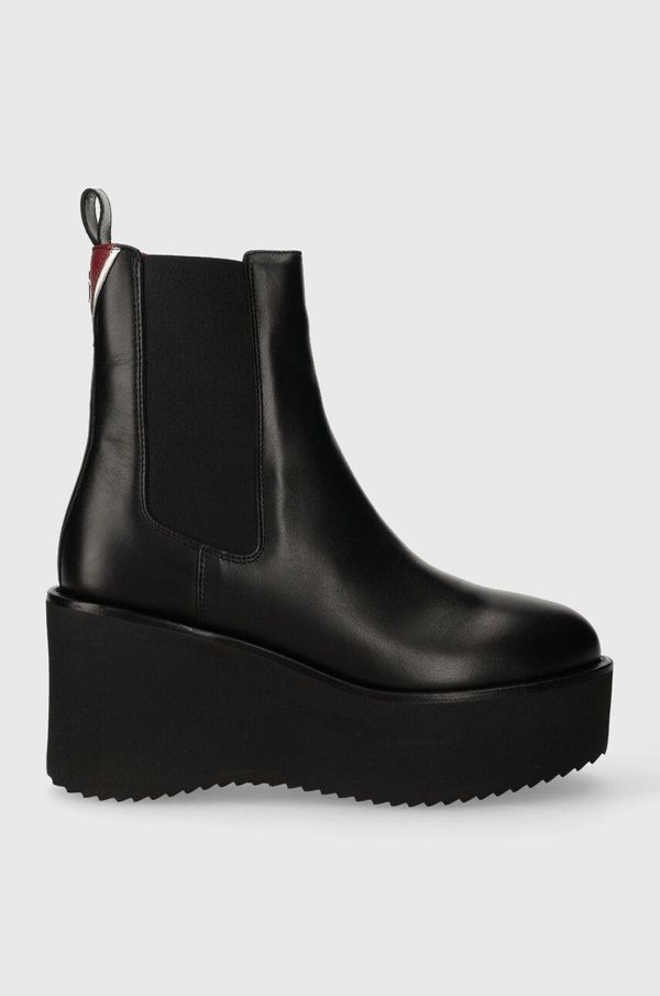 Tommy Hilfiger Usnjeni chelsea Tommy Hilfiger ELEVATED WEDGE BOOTIE ženski, črna barva, FW0FW07657