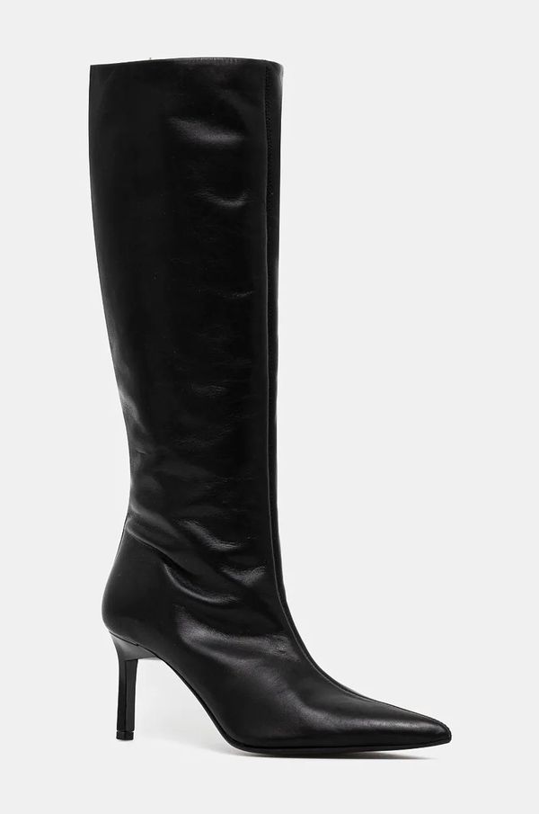 Calvin Klein Usnjeni elegantni škornji Calvin Klein HEEL KNEE BOOT 70 LTH ženski, črna barva, HW0HW02162