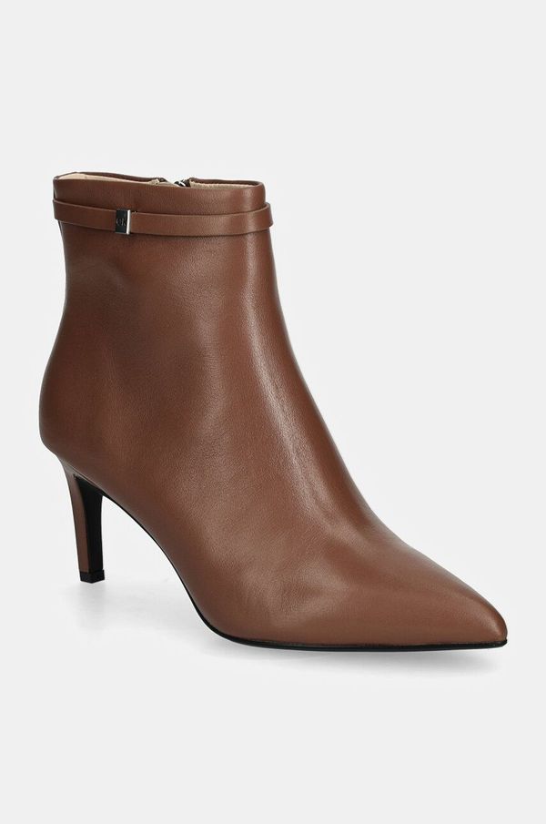 Calvin Klein Usnjeni gležnarji Calvin Klein HEEL ANKLE BOOT 70 W/HW LTH ženski, rjava barva, HW0HW02172