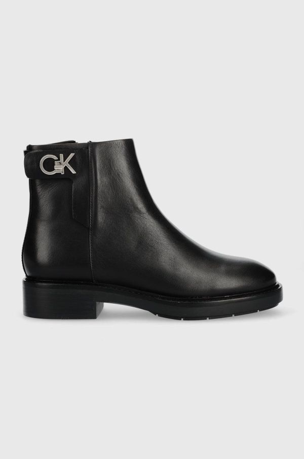 Calvin Klein Usnjeni gležnarji Calvin Klein Rubber Sole Ankle Boot ženski, črna barva