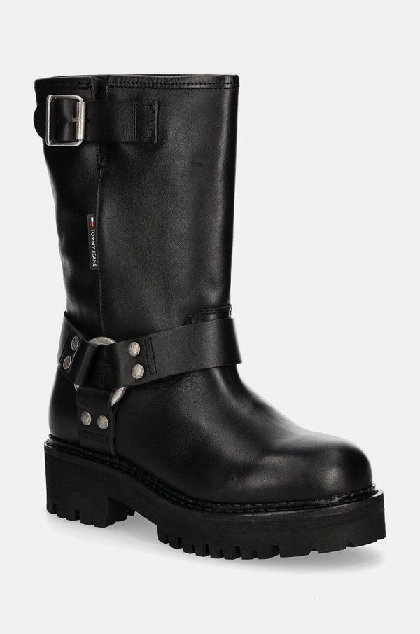 Tommy Jeans Usnjeni gležnarji Tommy Jeans TJW URBAN BIKER BOOT LEATHER ženski, črna barva, EN0EN02728