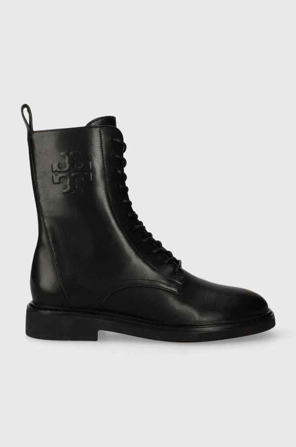 Tory Burch Usnjeni gležnarji Tory Burch DOUBLE T COMBAT BOOT ženski, črna barva, 154336-006