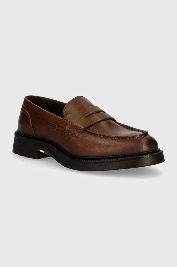 Tommy Hilfiger Usnjeni mokasini Tommy Hilfiger LIGHT HILFIGER LEATHER LOAFER moški, rjava barva, FM0FM05089