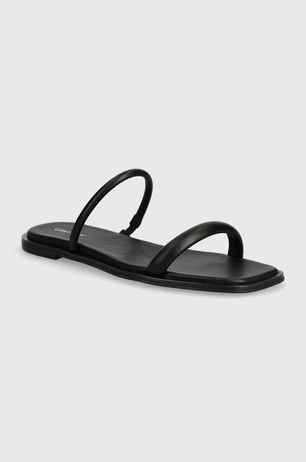 Calvin Klein Usnjeni natikači Calvin Klein FLAT SLIDE LTH ženski, črna barva, HW0HW02127