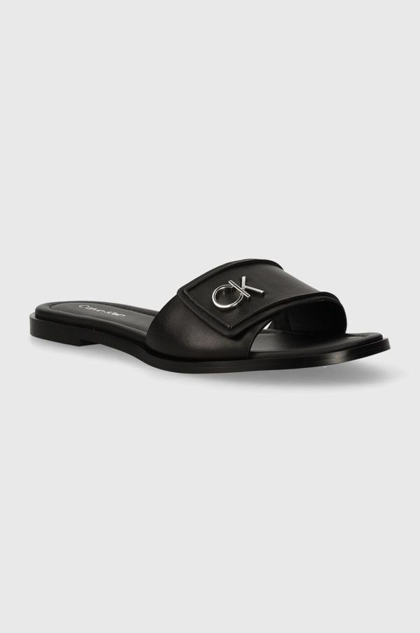 Calvin Klein Usnjeni natikači Calvin Klein FLAT SLIDE RELOCK LTH ženski, črna barva, HW0HW01939