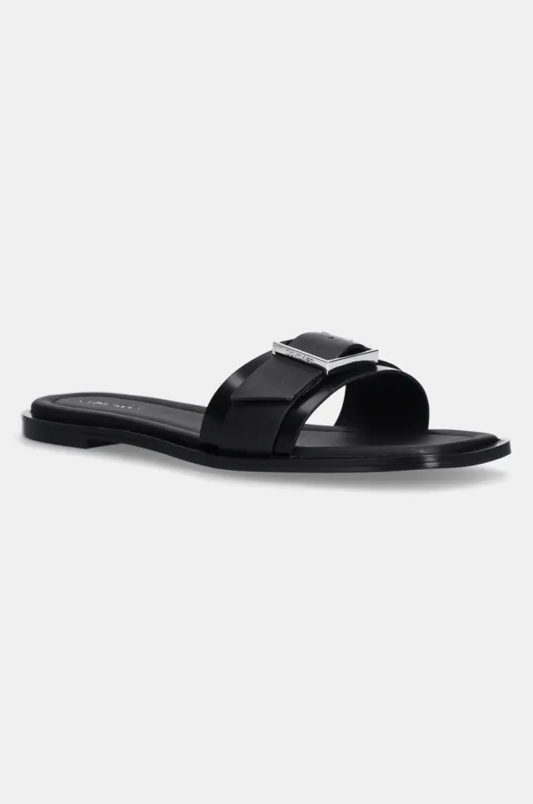 Calvin Klein Usnjeni natikači Calvin Klein FLAT SLIDE W/BUCKLE - LTH ženski, črna barva, HW0HW02490