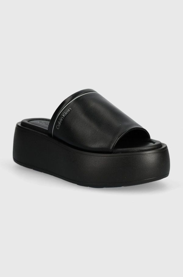 Calvin Klein Usnjeni natikači Calvin Klein FLATFORM SLIDE LTH ženski, črna barva, HW0HW01943