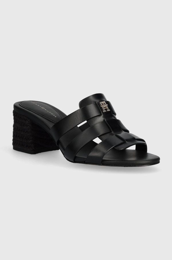 Tommy Hilfiger Usnjeni natikači Tommy Hilfiger BLOCK MID HEEL LEATHER SANDAL ženski, črna barva, FW0FW08049