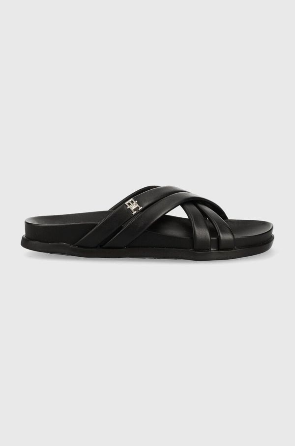 Tommy Hilfiger Usnjeni natikači Tommy Hilfiger STRAP FEMININE SANDAL ženski, črna barva