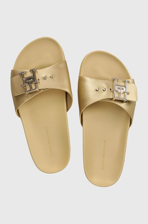 Tommy Hilfiger Usnjeni natikači Tommy Hilfiger TH HARDWARE GOLD FLAT SANDAL ženski, zlata barva, FW0FW07947