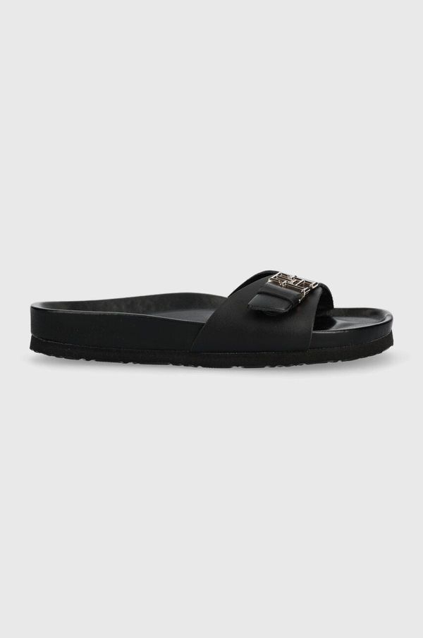 Tommy Hilfiger Usnjeni natikači Tommy Hilfiger TH MULE SANDAL LEATHER ženski, črna barva