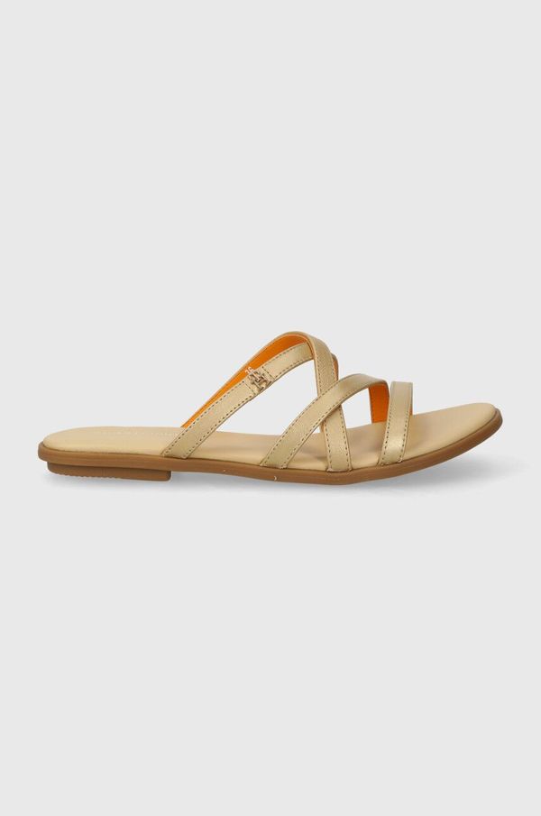 Tommy Hilfiger Usnjeni natikači Tommy Hilfiger TH STRAP FLAT SANDAL GOLD ženski, zlata barva, FW0FW08068