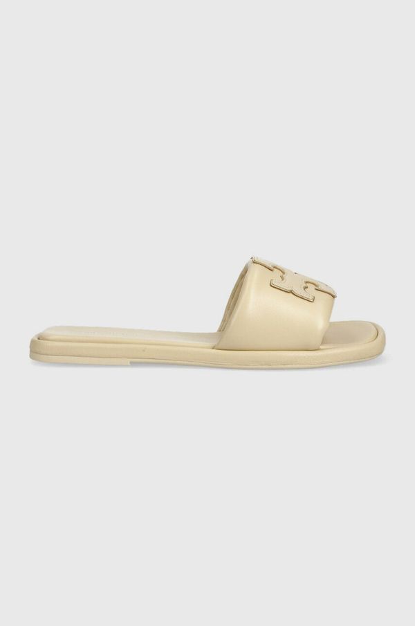 Tory Burch Usnjeni natikači Tory Burch 79985-200 ženski, bež barva, Double T Sport Slide