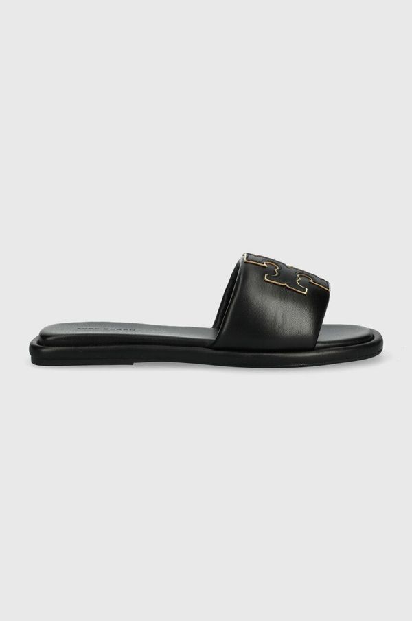 Tory Burch Usnjeni natikači Tory Burch Double T Sport Slide ženski, črna barva, 79985