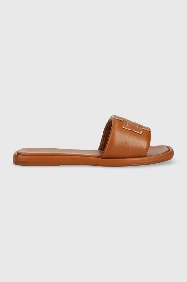 Tory Burch Usnjeni natikači Tory Burch Double T Sport Slide ženski, rjava barva, 79985-202