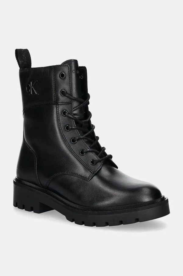 Calvin Klein Jeans Usnjeni nizki škornji Calvin Klein Jeans COMBAT BOOT MID ZIP LTH IN CALF ženski, črna barva, YW0YW01550