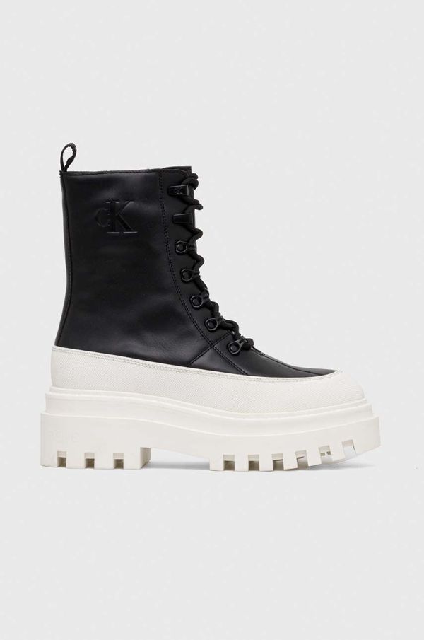 Calvin Klein Jeans Usnjeni nizki škornji Calvin Klein Jeans FLATFORM LACE UP BOOT LTH ženski, črna barva, YW0YW01110