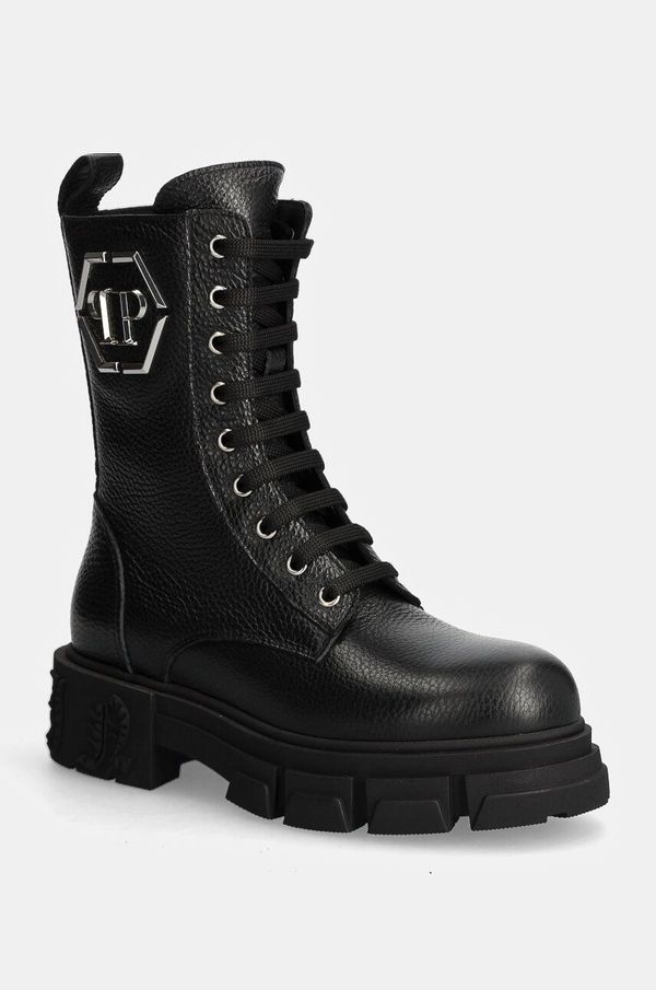 Philipp Plein Usnjeni nizki škornji Philipp Plein Embossed Army Boot ženski, črna barva, WSE0811 PLE010N 02