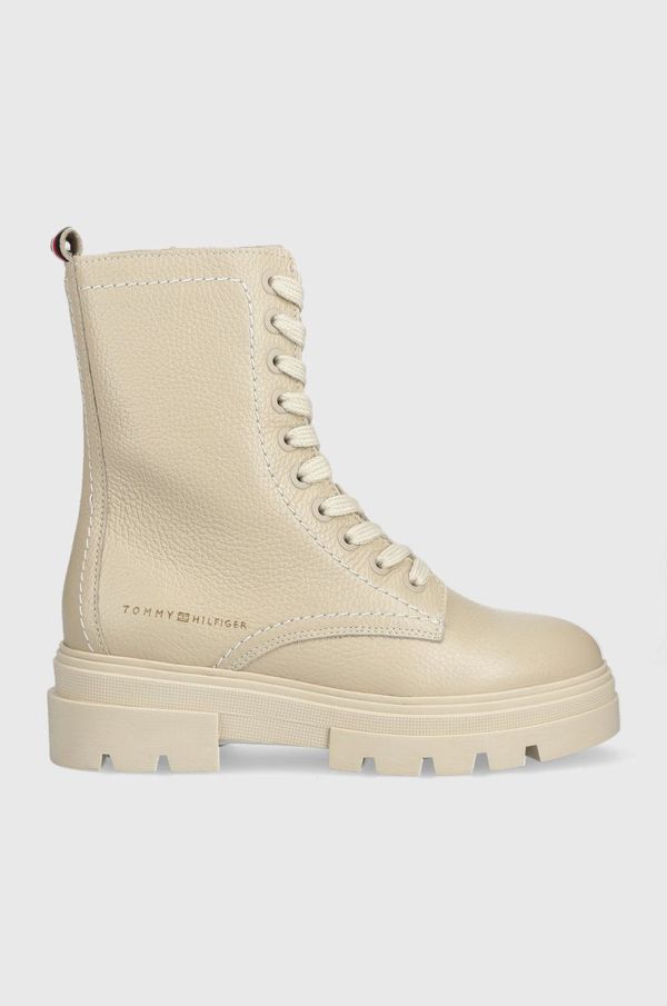 Tommy Hilfiger Usnjeni nizki škornji Tommy Hilfiger Monochromatic Lace Up Boot ženski, bež barva