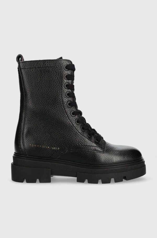 Tommy Hilfiger Usnjeni nizki škornji Tommy Hilfiger Monochromatic Lace Up Boot ženski, črna barva