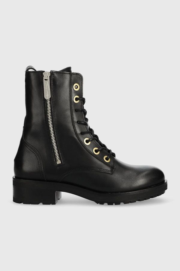 Tommy Hilfiger Usnjeni nizki škornji Tommy Hilfiger Th Essentials Biker Boot ženski, črna barva