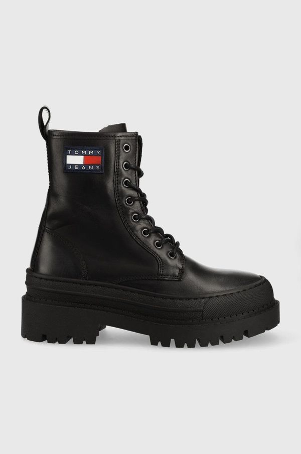 Tommy Jeans Usnjeni nizki škornji Tommy Jeans Lace Up Boot ženski, črna barva