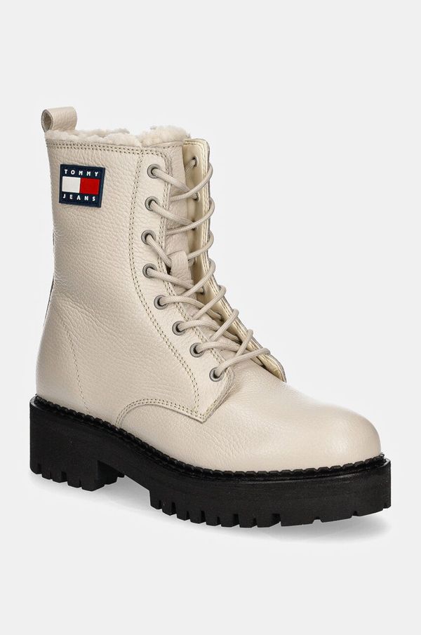 Tommy Jeans Usnjeni nizki škornji Tommy Jeans TJW URBAN BOOT TUMBLED LTR WL ženski, bež barva, EN0EN02317