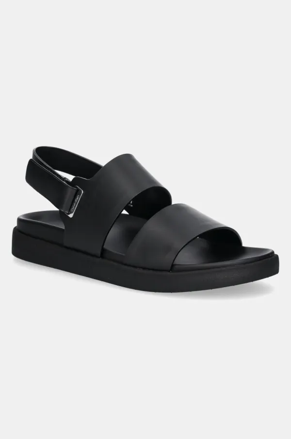 Calvin Klein Usnjeni sandali Calvin Klein FLAT ADJ SANDAL EYELET ženski, črna barva, HW0HW02488