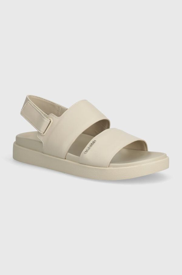 Calvin Klein Usnjeni sandali Calvin Klein FLAT SANDAL CALVIN MTL LTH ženski, bež barva, HW0HW01984