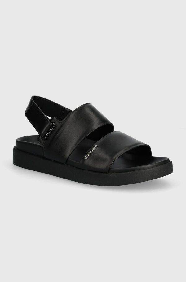 Calvin Klein Usnjeni sandali Calvin Klein FLAT SANDAL CALVIN MTL LTH ženski, črna barva, HW0HW01984