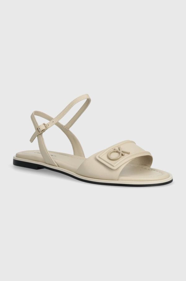 Calvin Klein Usnjeni sandali Calvin Klein FLAT SANDAL RELOCK LTH ženski, bež barva, HW0HW01942