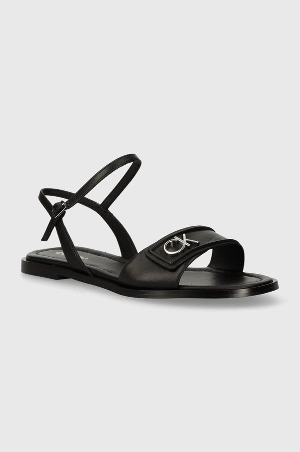 Calvin Klein Usnjeni sandali Calvin Klein FLAT SANDAL RELOCK LTH ženski, črna barva, HW0HW01942