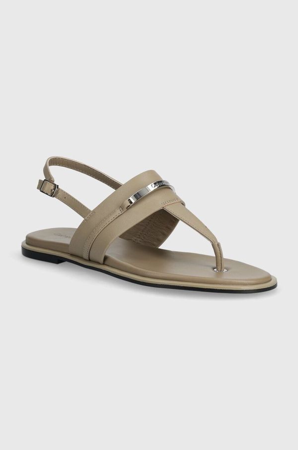 Calvin Klein Usnjeni sandali Calvin Klein FLAT TP SANDAL METAL BAR LTH ženski, bež barva, HW0HW02031