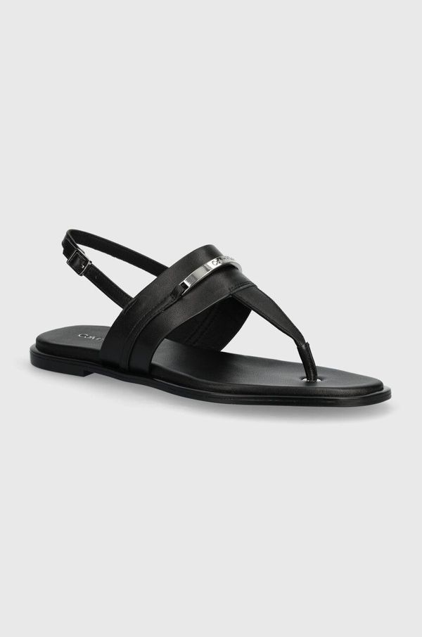 Calvin Klein Usnjeni sandali Calvin Klein FLAT TP SANDAL METAL BAR LTH ženski, črna barva, HW0HW02031