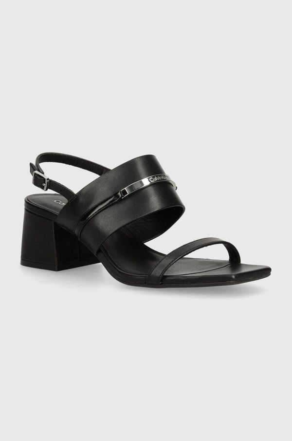 Calvin Klein Usnjeni sandali Calvin Klein HEEL SANDAL 45 MET BAR LTH črna barva, HW0HW02056