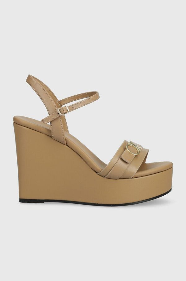 Calvin Klein Usnjeni sandali Calvin Klein WEDGE 70HH W/HW ženski, bež barva, HW0HW01485